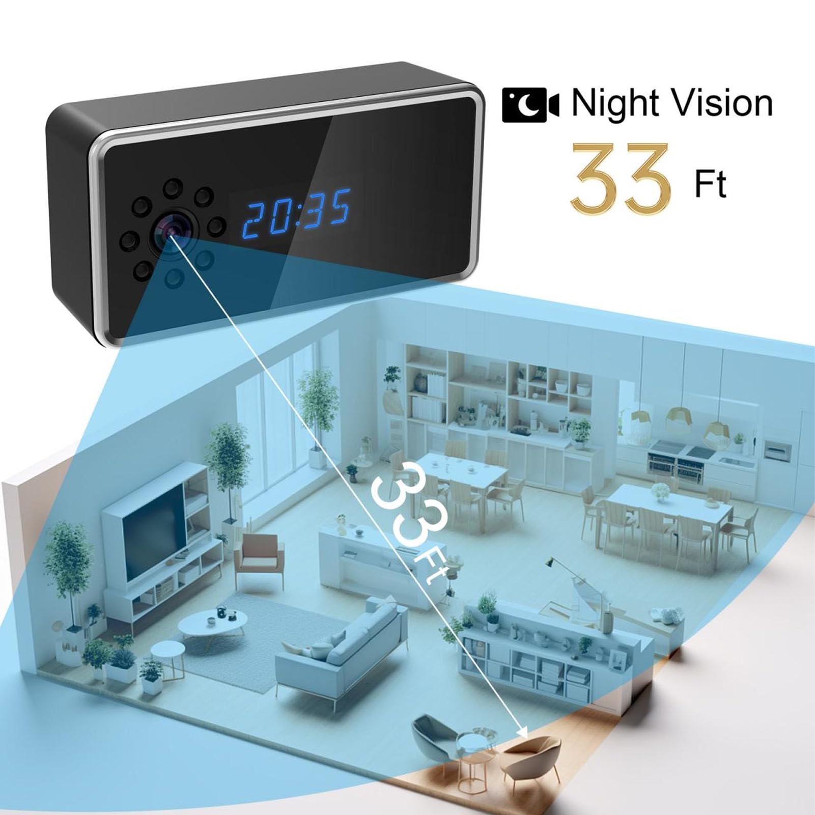 Bewinner 1080P WiFi Hidden Camera Alarm Clock - Home Security Camera with Audio & Motion Detection, Remote Monitoring Nanny Cam for Indoor Surveillance, Baby Monitoring & Office Security