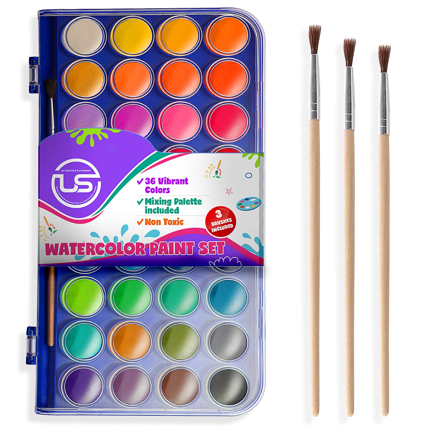 36 Colors Washable Watercolor Paint Set with Palette & 3 Brushes - Non-Toxic Kids Art Supplies for School Projects, DIY Crafts & Home Painting Activities