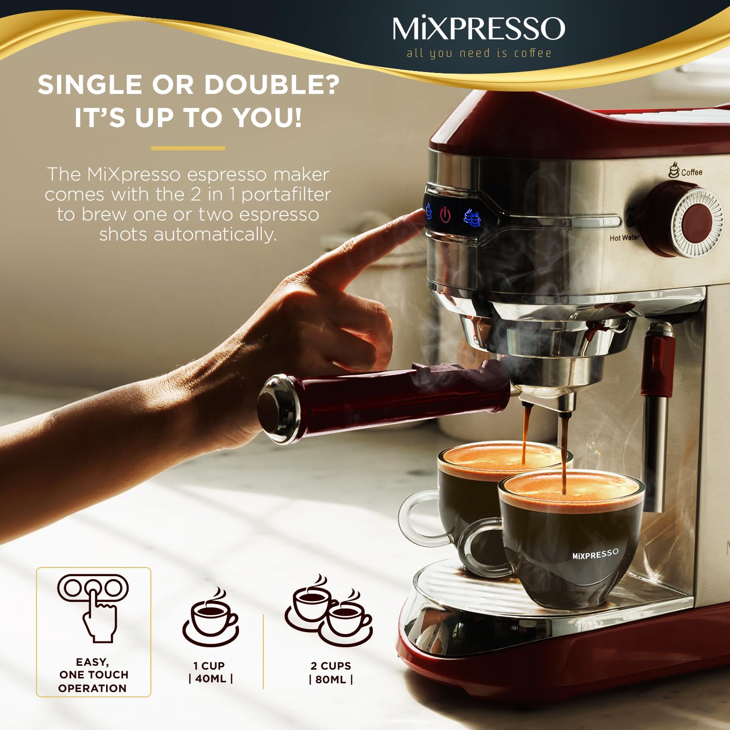 Mixpresso 15 Bar Professional Espresso Machine with Milk Frother - Fast Heating 1450W, 37Oz Water Tank, Double Cup Splitter - Perfect for Home Baristas to Make Espresso, Cappuccino & Latte (Ideal for Morning Coffee, Entertaining Guests & Coffee Shops)