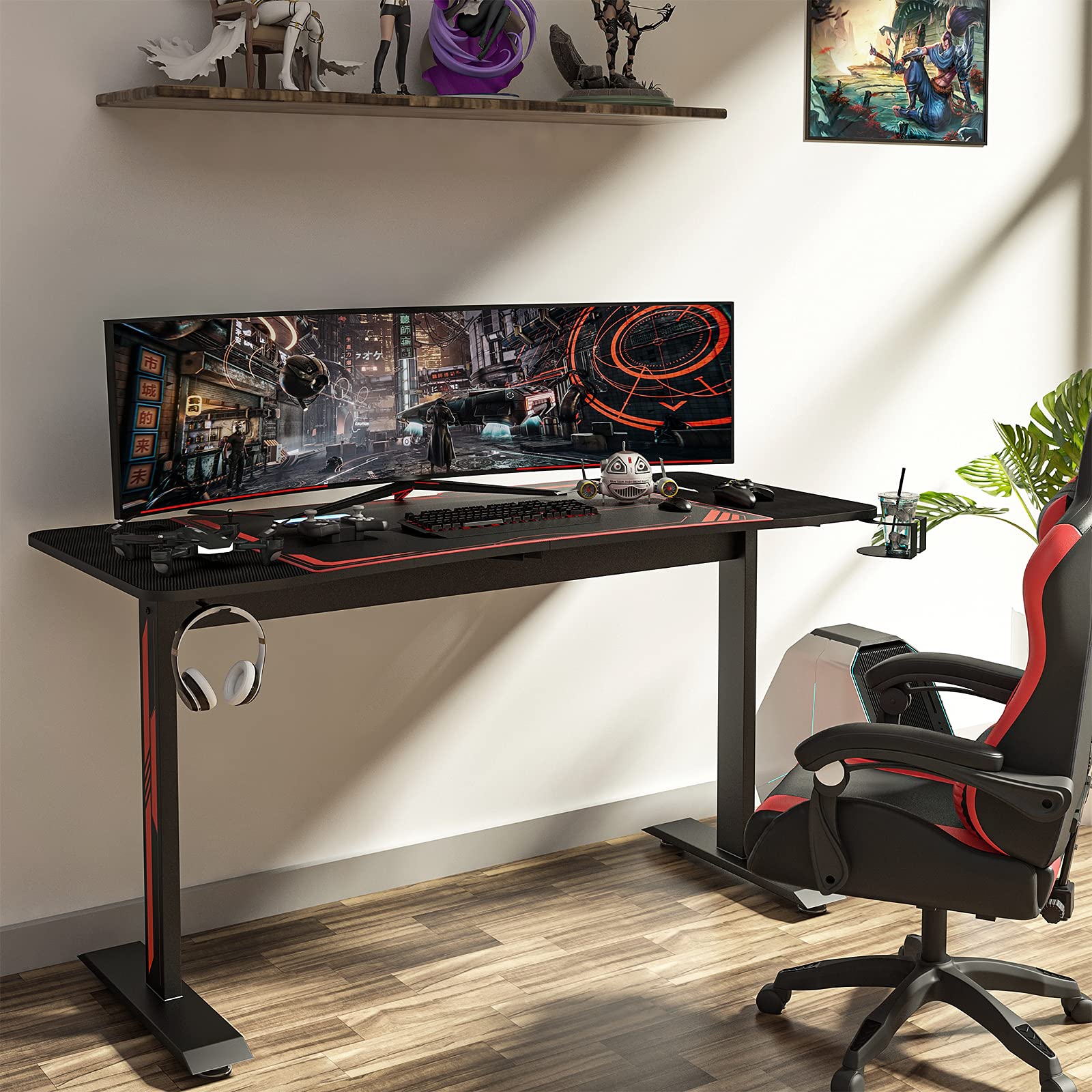 Sleepmax 63 Inch Gaming Desk - Heavy Duty Computer Table with Carbon Fiber Surface & Large Mouse Pad - Black PC Gaming Desk with Cup Holder & Headphone Hook - Perfect for Esports, Streaming & Home Office Setup