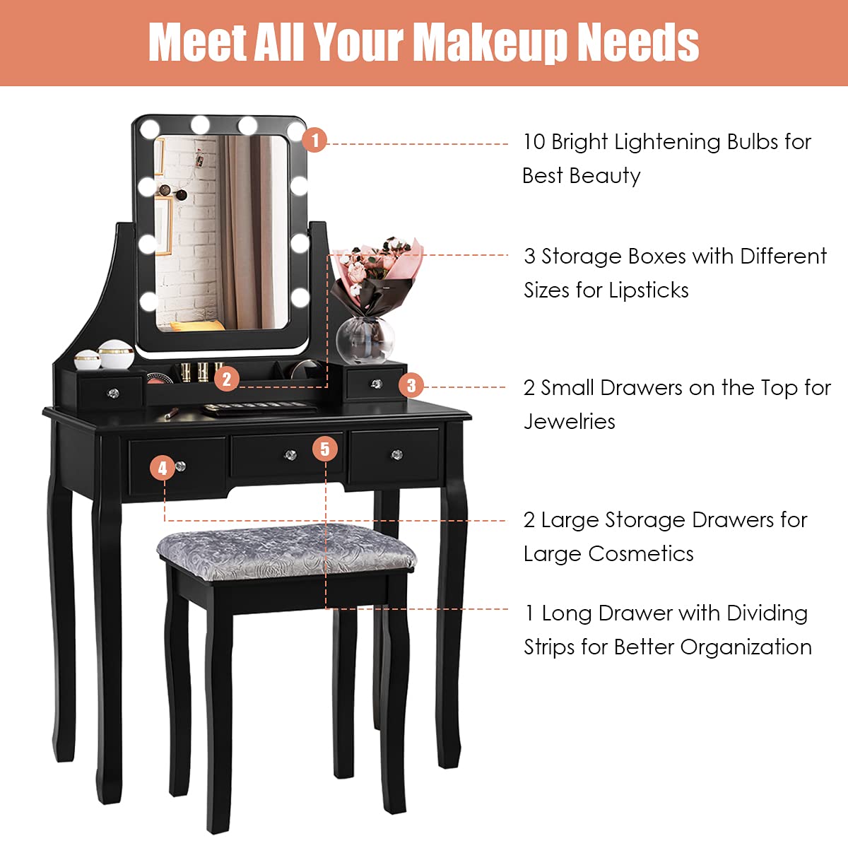 Modern Vanity Set with LED Lighted Mirror & Storage Drawers - 360° Rotatable Makeup Dressing Table with Cushioned Stool, Bedroom Furniture for Women | Perfect for Small Spaces, Makeup Application & Home Decor (Black)