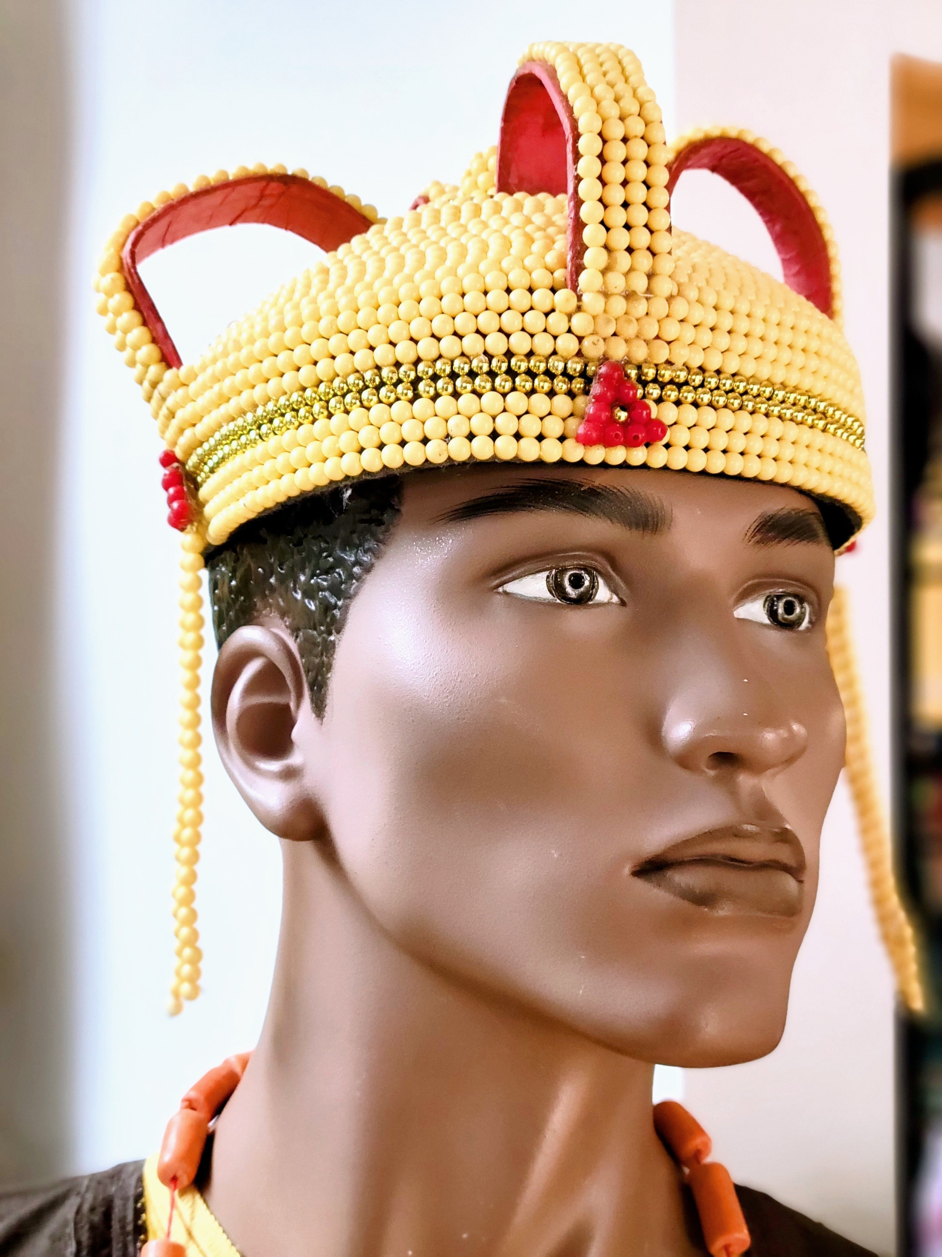 Authentic African Beaded Nigerian Igbo Crown for Men - Handcrafted Tribal Headpiece DPKC432 | Traditional Ceremonial Wear for Weddings, Cultural Events & Royal Occasions