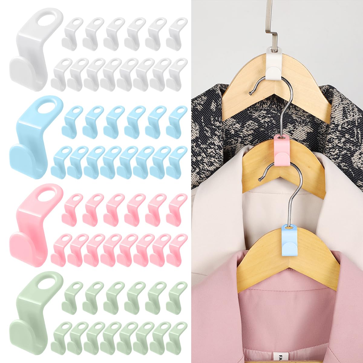 60pcs Multicolor Plastic Clothes Hanger Connector Hooks - Space Saving Closet Organizer for Plastic, Wooden & Wire Hangers | Perfect for Small Closets, Laundry Rooms & Dorm Organization