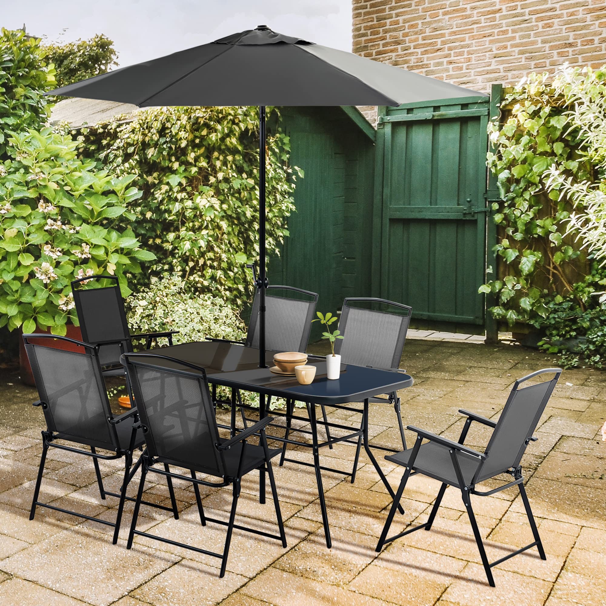 Outsunny 8-Piece Black Patio Dining Set with Rectangle Table, 6 Folding Chairs & Umbrella | Outdoor Furniture for Garden, Backyard & Poolside Dining