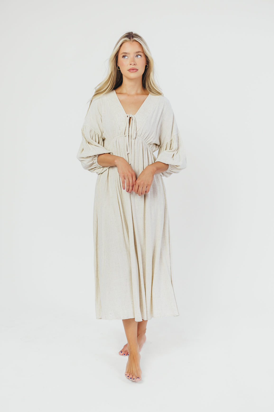 Hunter Linen Blend Midi Dress in Greige - Bump Friendly Maternity Dress, Inclusive Sizing (XS-3X) | Breathable Summer Dress for Pregnancy, Nursing, Beach & Casual Wear