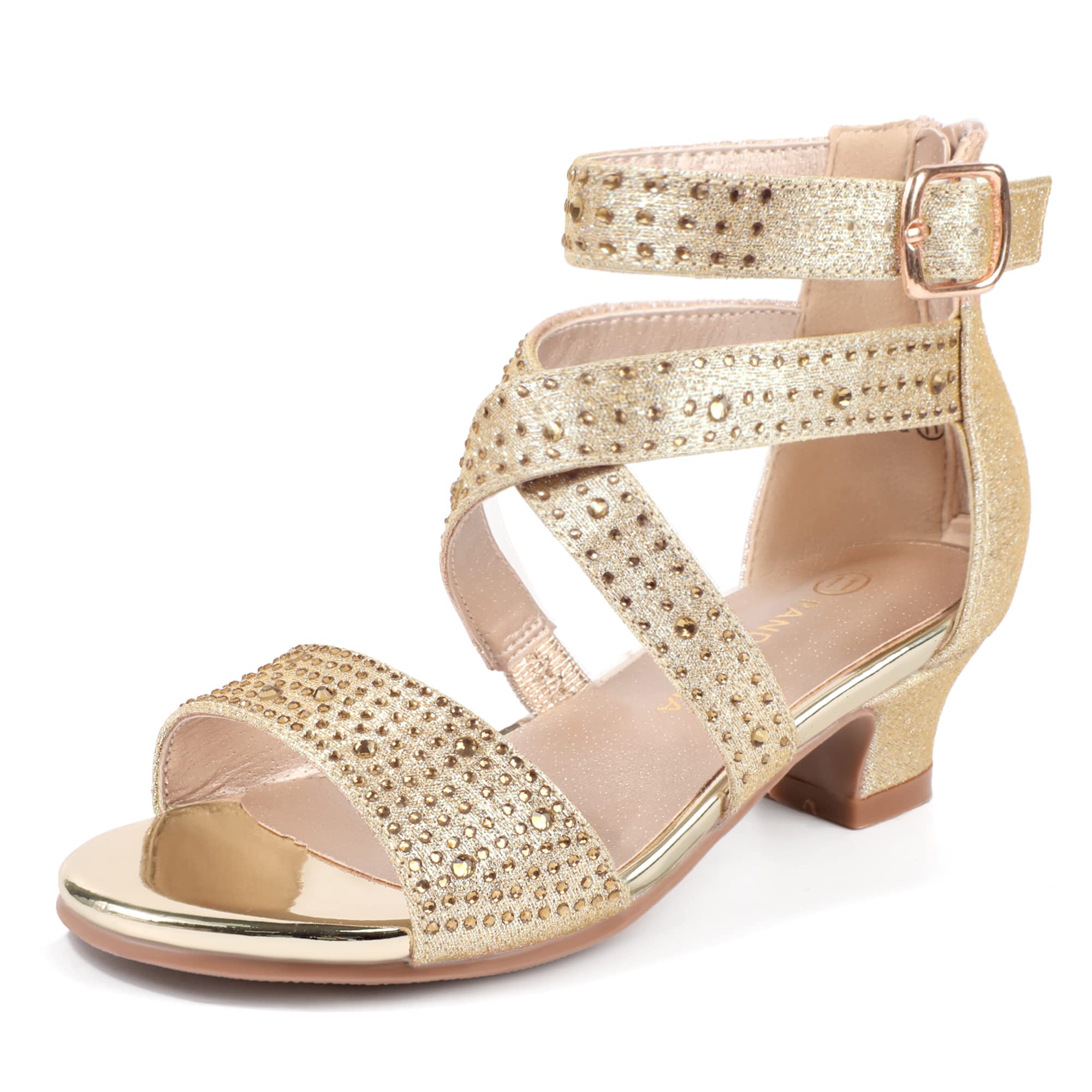 PANDANINJIA Anna Girls Low Heel Dress Sandals - Open Toe Rhinestone Flower Glitter Shoes for Toddler, Little & Big Kids | Perfect for Weddings, Parties & Special Occasions