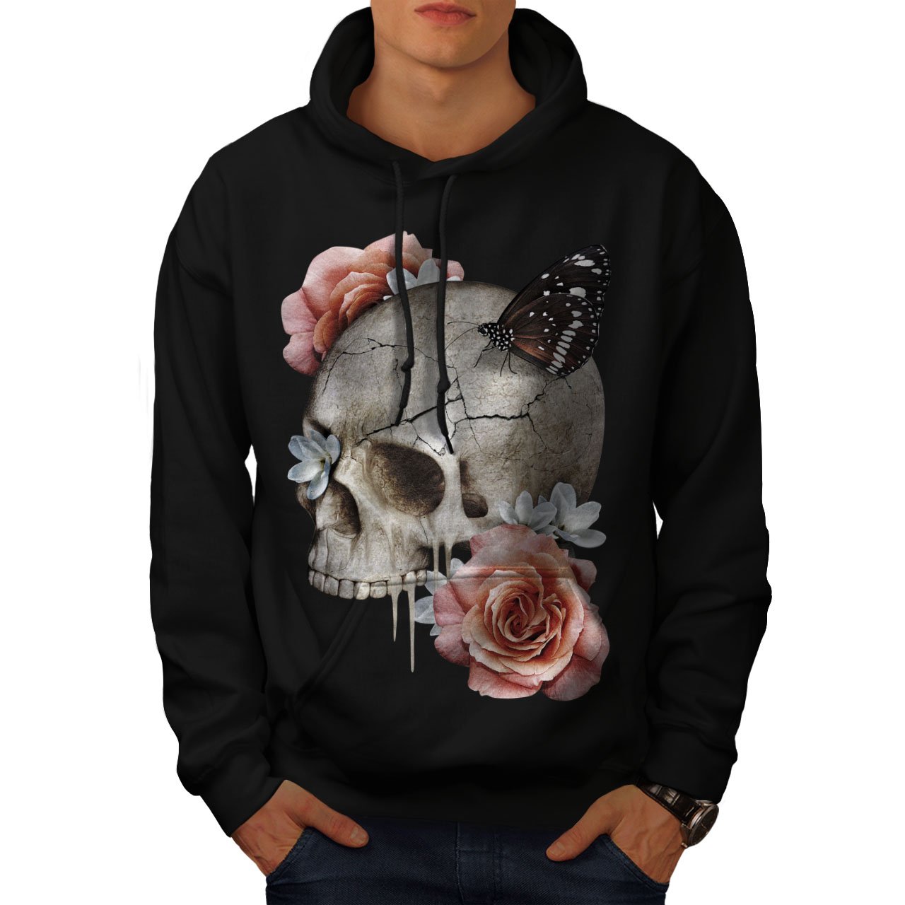Wellcoda Men's Skull Rose Print Hoodie - Gothic Streetwear Pullover for Concerts, Halloween & Casual Wear | Soft Cotton Blend Hooded Sweatshirt for Men