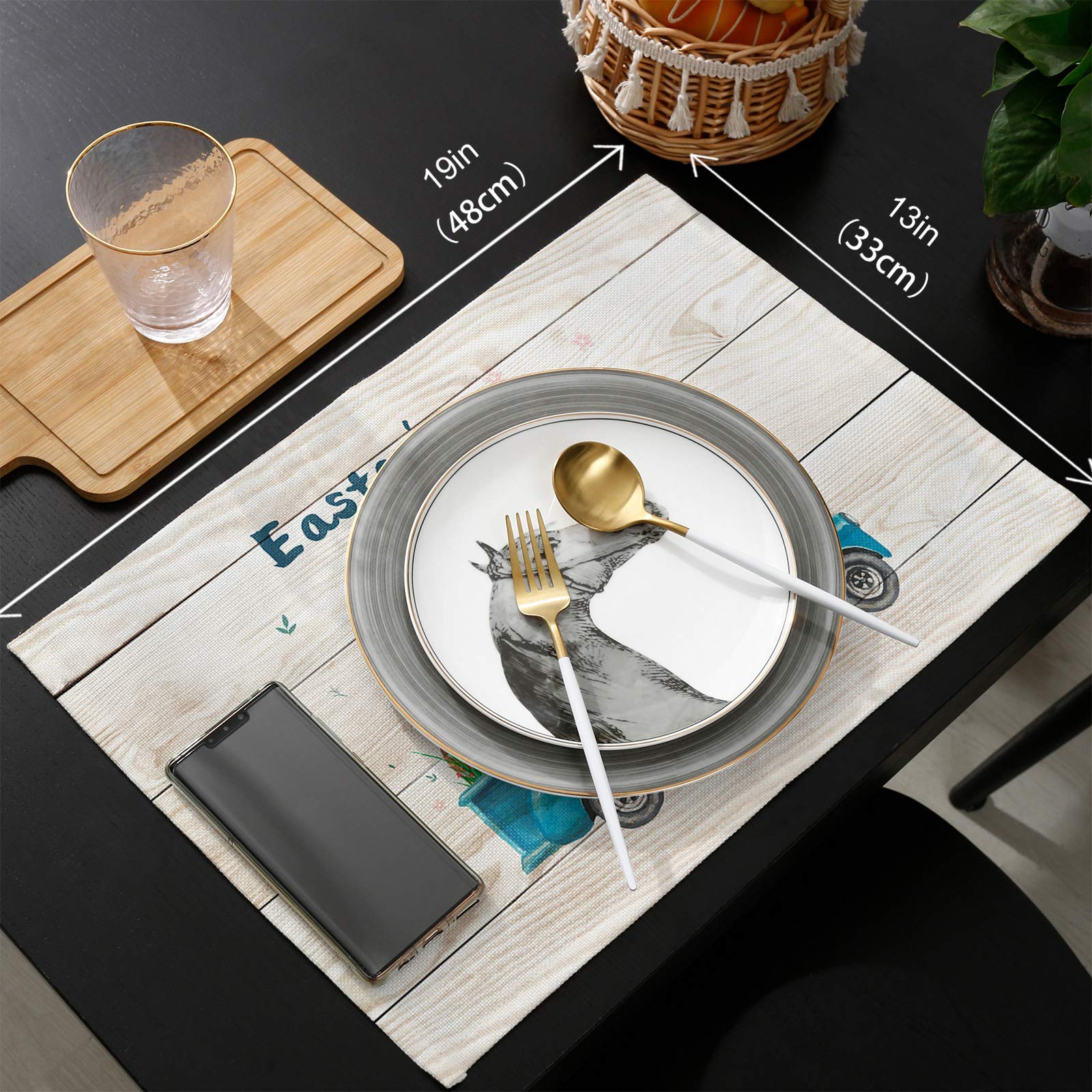 Farmhouse Easter Table Placemats Set of 4 - Round Non-Slip Heat Resistant Washable Kitchen Mats with Bunny & Egg Design - Rustic Wood Decor for Dining Table - Perfect for Family Gatherings, Holiday Meals & Spring Decor