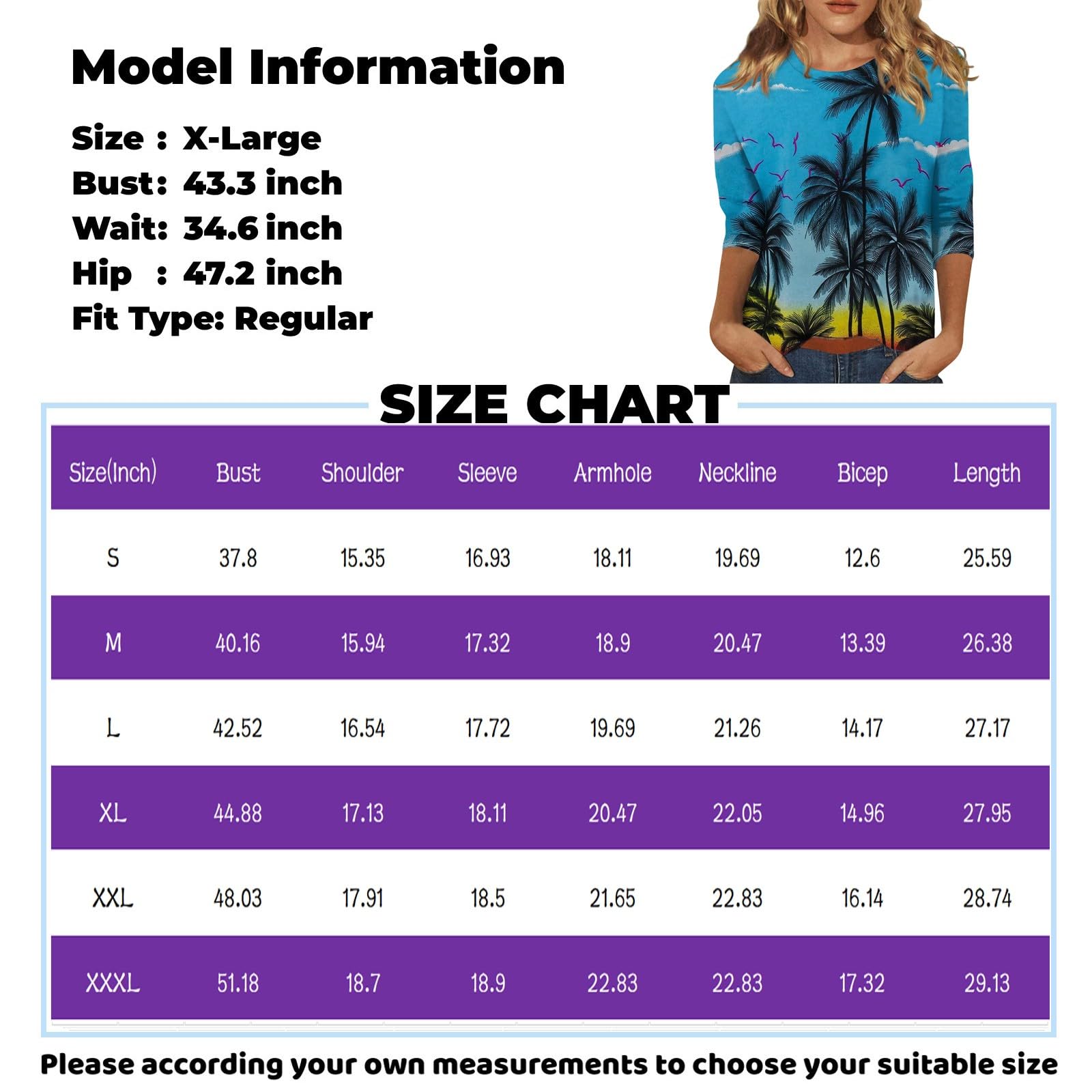 Women's 3/4 Sleeve Loose Hawaiian Shirt - Summer Crewneck Basic Tee Top for Casual Wear, Beach Vacation & Tropical Outfits