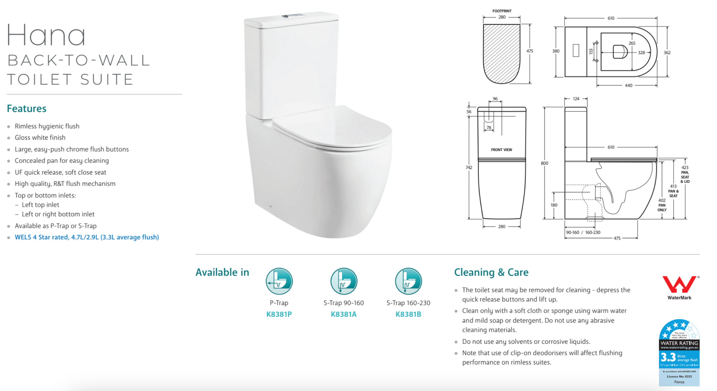 Fienza K8381P Hana Back-to-Wall P-Trap Toilet in Gloss White - Modern Water-Saving Bathroom Fixture for Small Spaces & Contemporary Homes