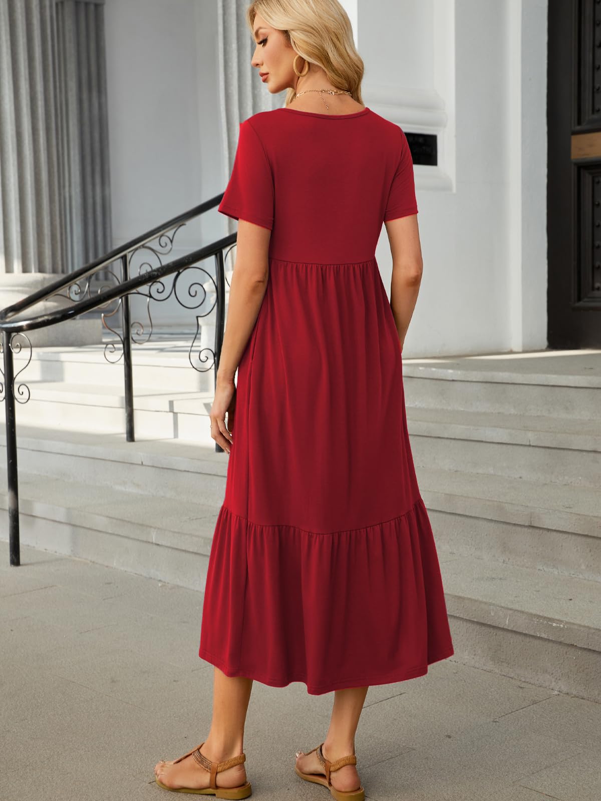 HUSKARY Women's Summer Casual Dress 2025 - Short Sleeve Crewneck Flowy Tiered Maxi Dress with Pockets | Beach Cover Up, Vacation Outfit, Boho Chic Style