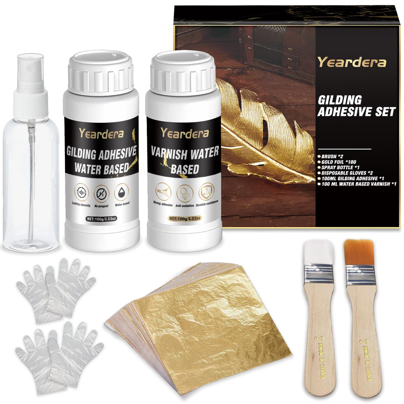 Yeardera 100ml Gold Leaf Kit with Gilding Adhesive, Varnish & 100 Gold Leaf Sheets - DIY Art, Craft Painting, Furniture Decor - Perfect for Home Décor, Wedding Invitations, Picture Frames & DIY Projects