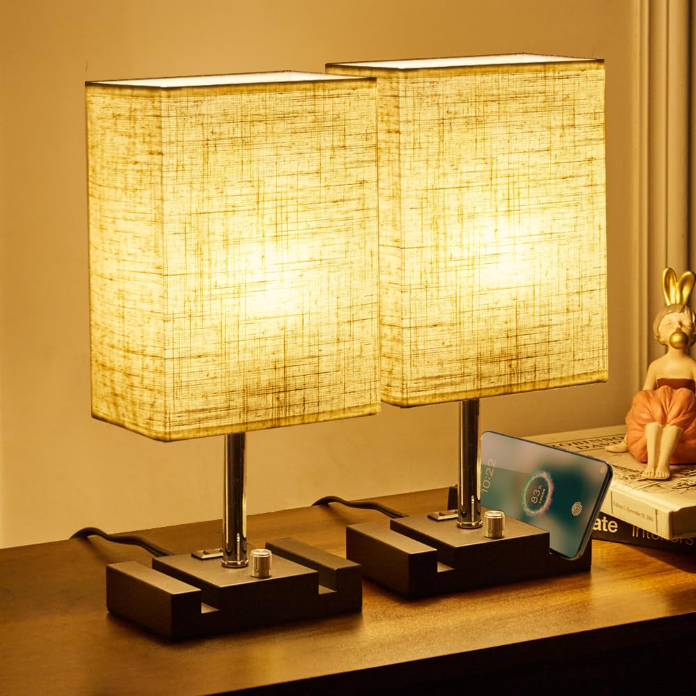 Dimmable Table Lamp with 2 Phone Stands & AC Outlet - Set of 2 Fabric Bedside Lamps with LED Bulbs for Bedroom, Living Room & Study | Perfect for Night Reading, Charging Devices & Home Decor