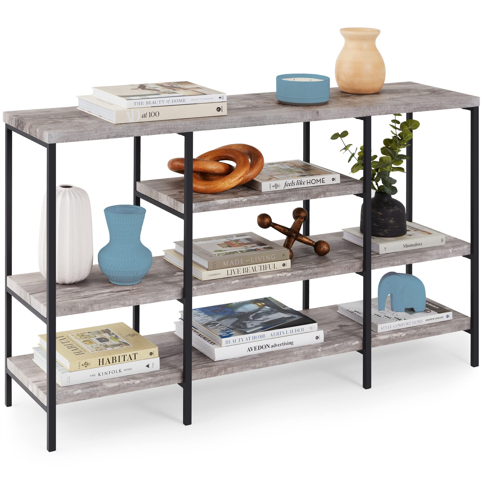 Best Choice Products 55-inch Large Rustic Industrial Console Table with 4-Tier Storage - Steel Frame & EVA Non-Scratch Feet - Perfect for Living Room, Entryway, Foyer, Hallway - Gray