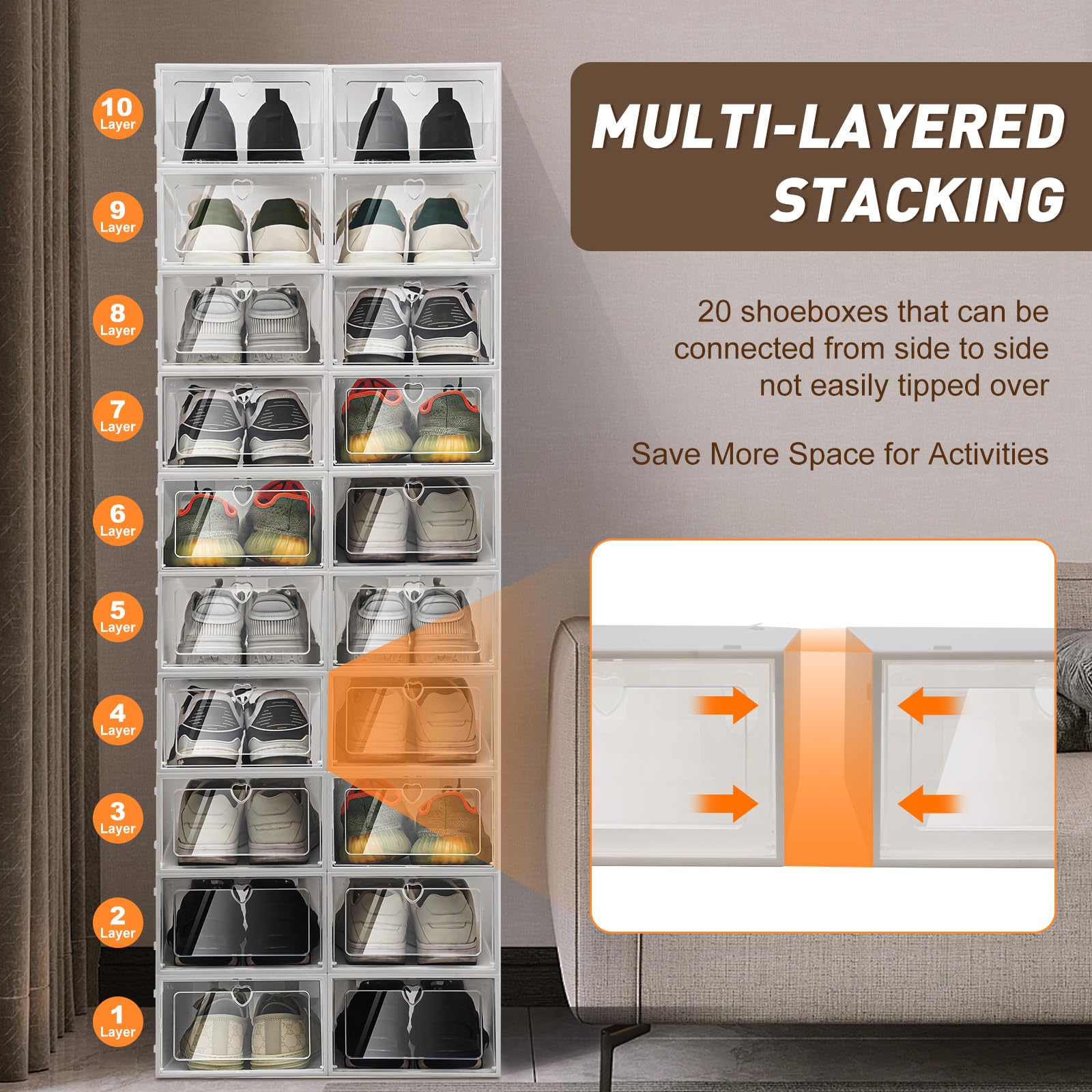 20 Pack Clear Plastic Stackable Shoe Storage Boxes - Foldable Drawer Front Opening Organizer Bins for Sneakers & Shoes | Perfect for Closet, Bedroom & Entryway Organization