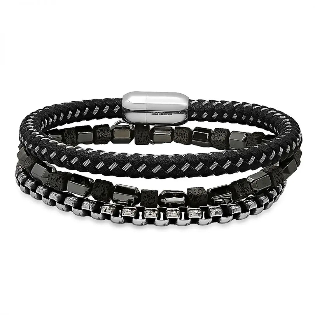 SteelTime Men's Black Leather Stainless Steel Bracelet with Hematite & Lava Stone - Stylish Gift for Men, Outdoor & Casual Wear