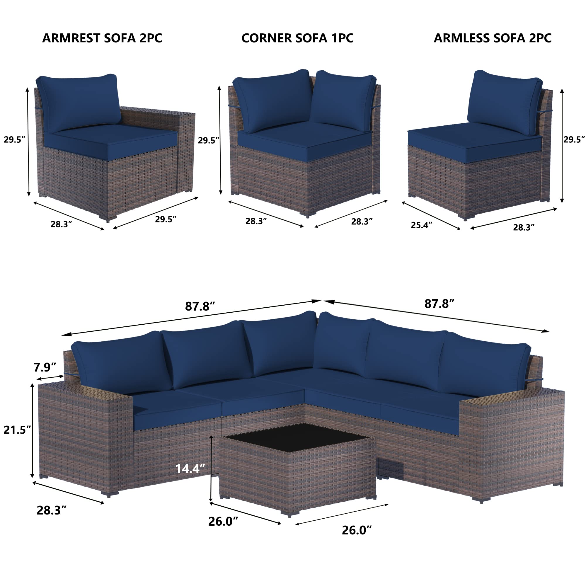 7-Piece Outdoor Patio Furniture Set with Propane Fire Pit - High Back PE Wicker Rattan Sofa Conversation Set - Sectional Patio Furniture with Tempered Glass Table & Gas Fire Pit (Navy Blue) - Perfect for Backyard, Garden, Poolside & Outdoor Entertaining