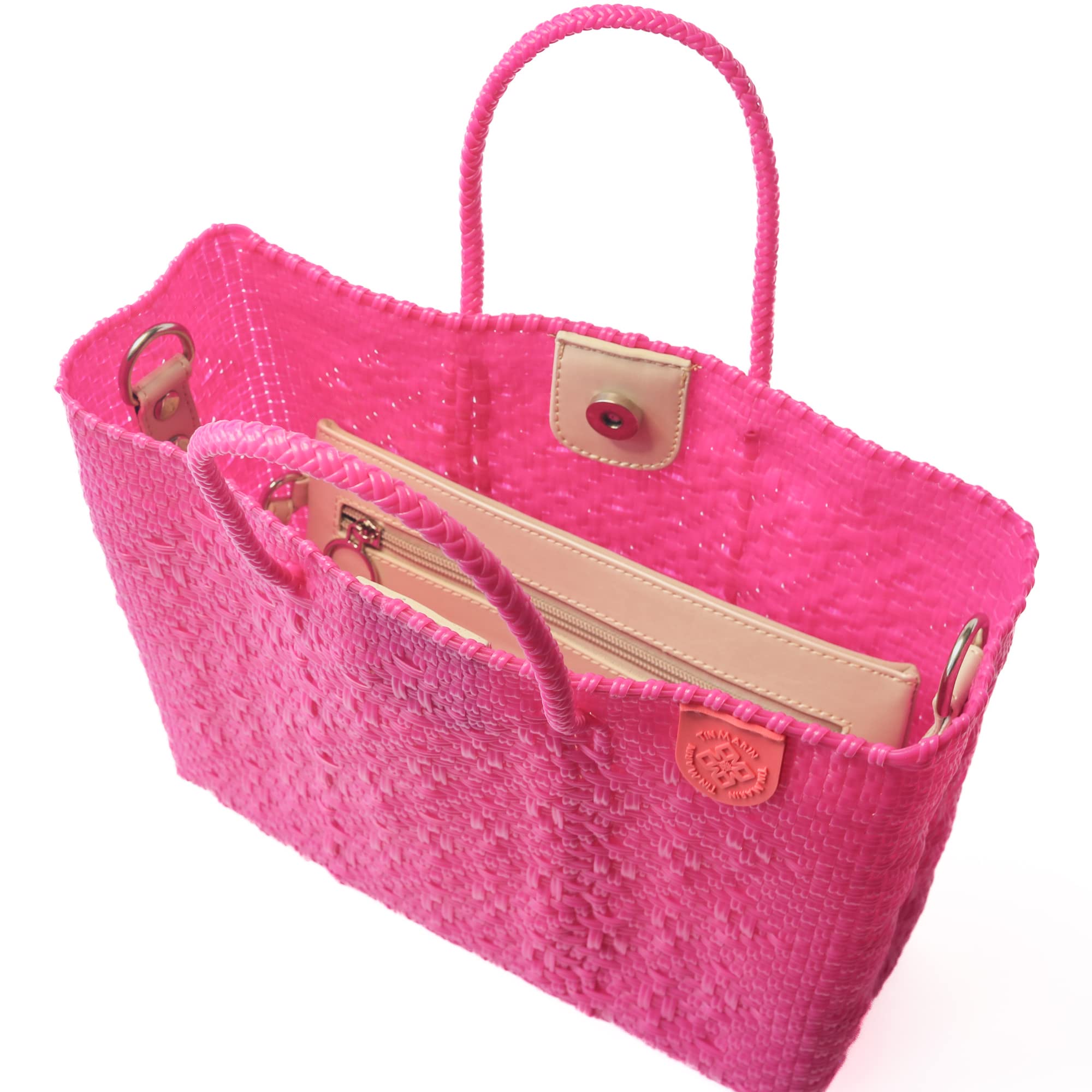 Vallarta Medium Woven Crossbody Bag with Detachable Mesh Pouch - Hot Pink Fuchsia Recycled Plastic Beach Purse | Mexican Artisan Made Handbag for Women | Perfect for Travel, Shopping & Resort Vacations