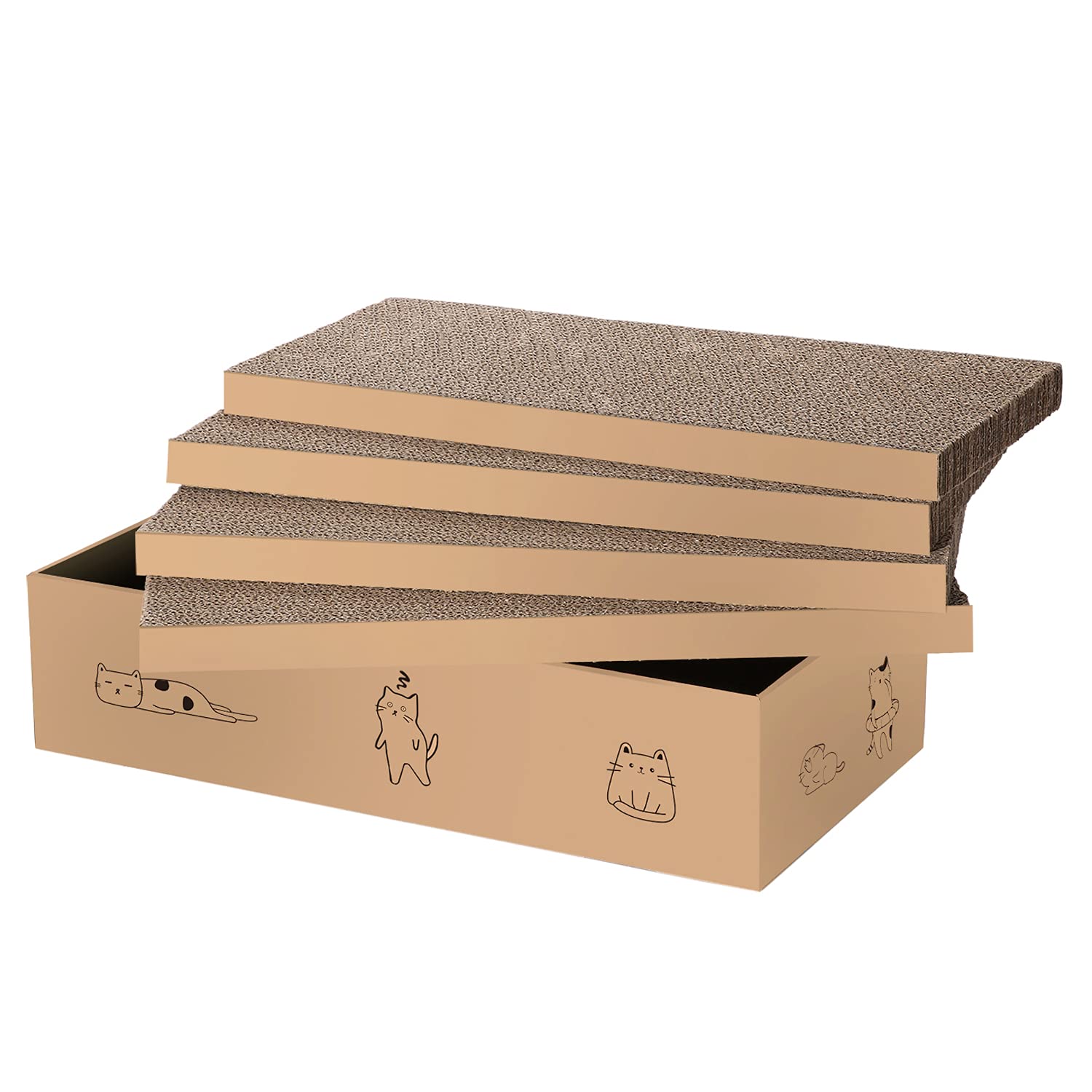 4-Pack Cat Scratch Pad with Box - Reversible & Durable Cardboard Scratcher for Kittens & Adult Cats - Perfect for Claw Trimming, Playtime & Cozy Napping - Great for Home, Office & Pet-Friendly Spaces