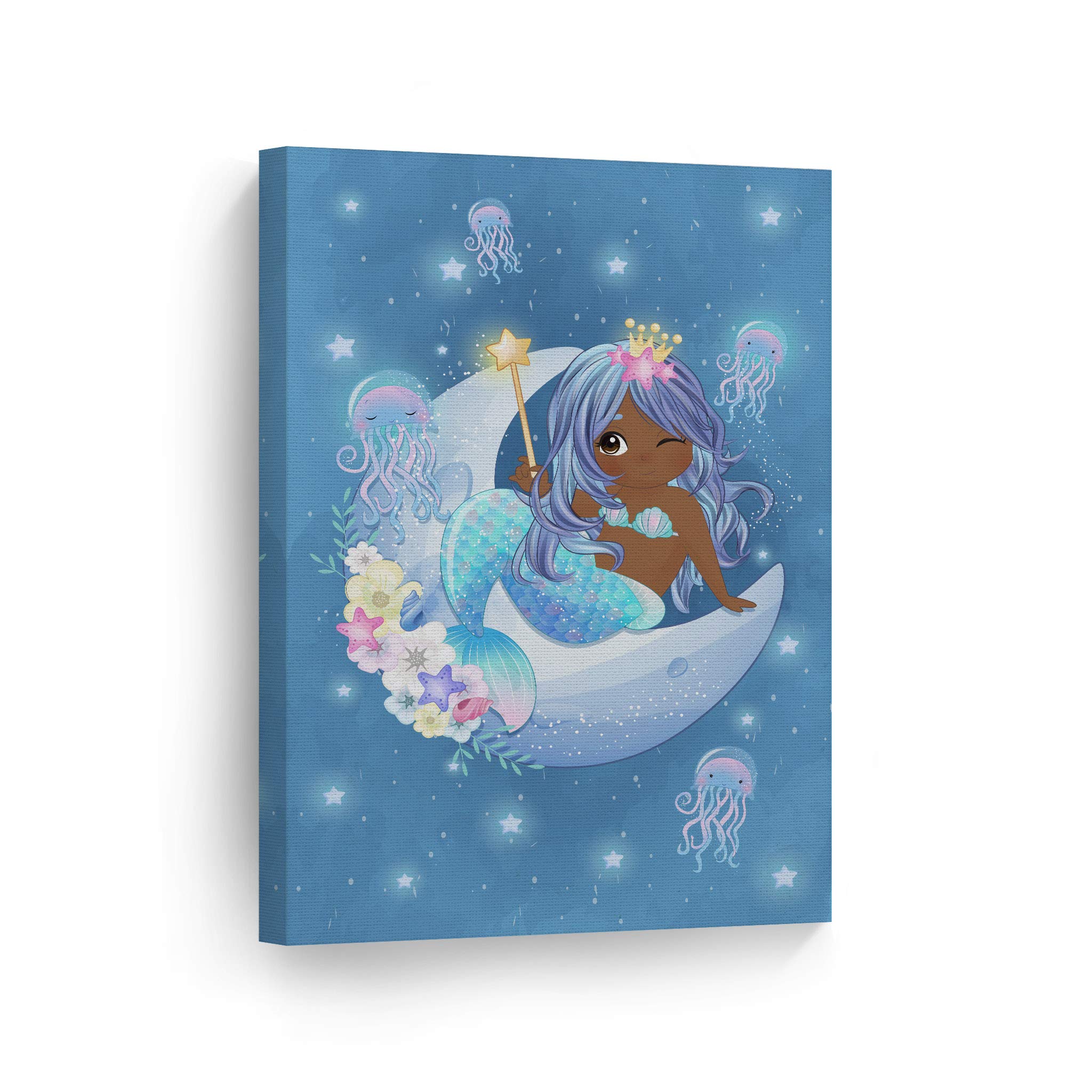 African American Mermaid Girl Canvas Print - Blue Haired Child Sitting on Crescent Moon with Stars, Night Sky Nursery Wall Art for Kids Room, Black Baby Decor, Ready to Hang 40x30 - Perfect for Bedroom, Playroom & Baby Shower Gifts