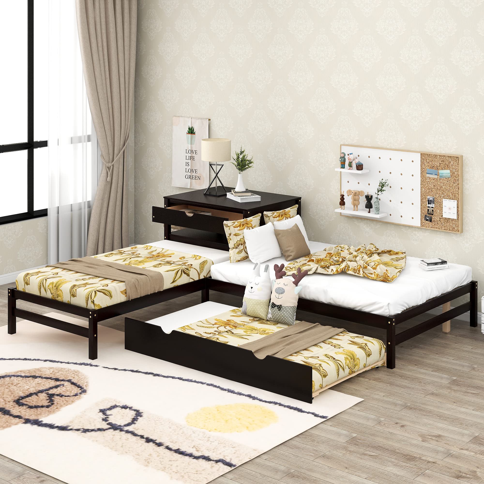 L-Shaped Wooden Platform Bed with Trundle and Storage Drawers - Twin/Full Size Corner Bed Frame with Built-in Desk for 3 People in Espresso Finish - Perfect for Small Bedrooms, Dorm Rooms and Shared Kids' Rooms