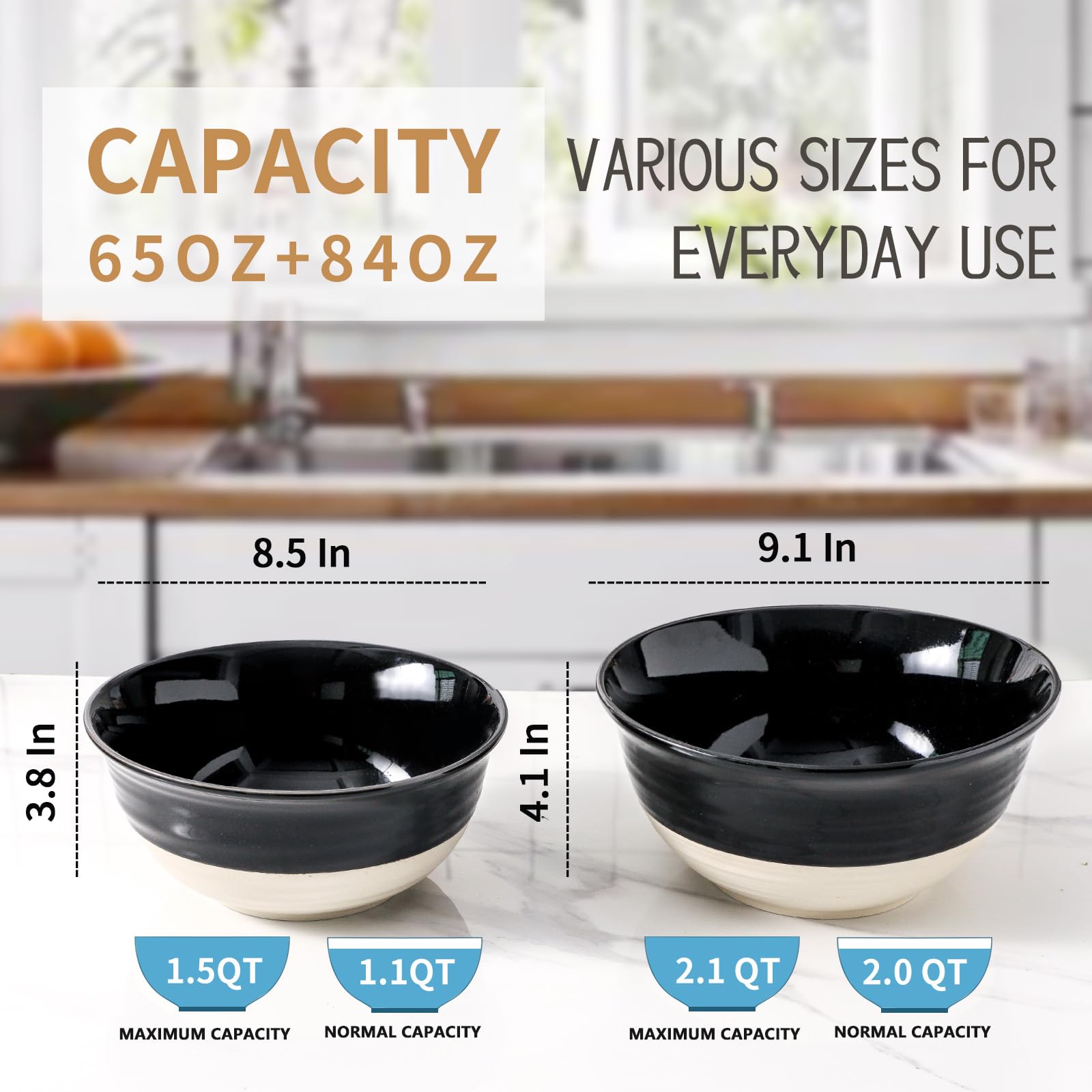 Hasense 2-Piece Large Porcelain Mixing Bowl Set - 2.1 Qt & 1.5 Qt Kitchen Mixing Bowls for Baking, Cooking, Salad Prep - Microwave & Dishwasher Safe Nesting Serving Bowls - Perfect for Meal Prep, Entertaining & Family Dinners - Black