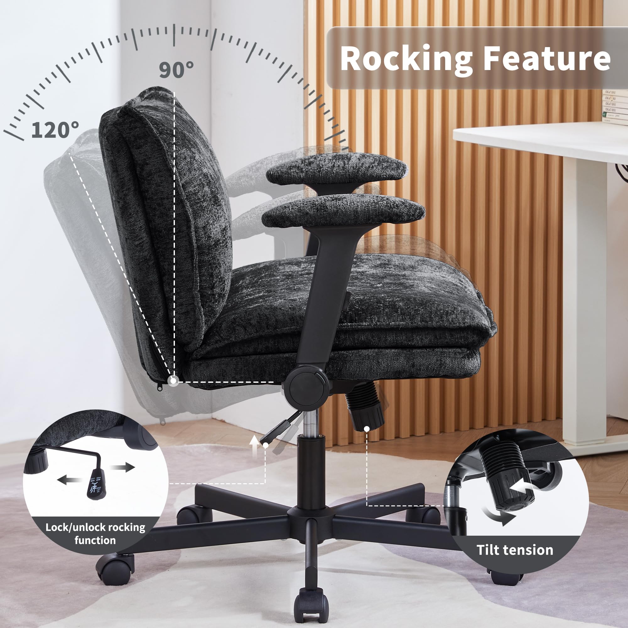 Ergonomic Cross-Legged Office Chair with Wheels & Adjustable Flip-Up Arms - Wide Seat Desk Chair with Thick Cushion for Home Office, Apartment, Bedroom - Perfect for Meditation, Yoga & Work (Black)