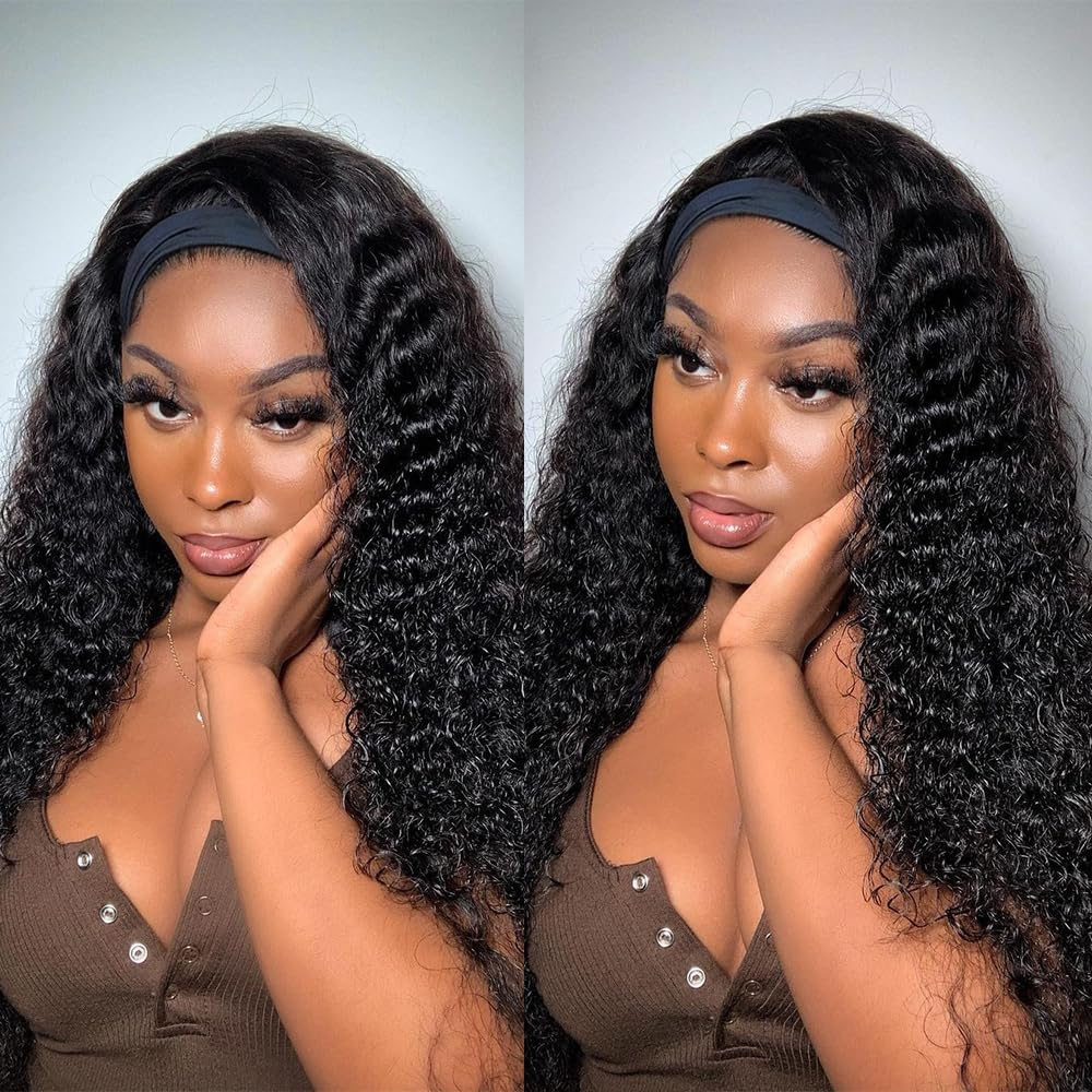 26 Inch Deep Wave Headband Wig Human Hair - Glueless Curly Headband Wig for Black Women | Wear & Go Natural Color No Lace Front Human Hair Wig for Beginners | Perfect for Daily Wear, Parties & Special Occasions