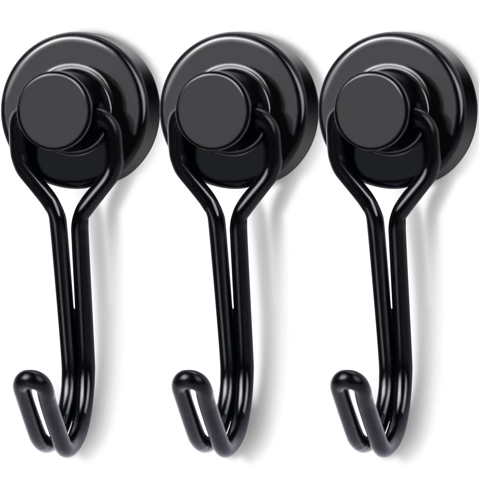 E BAVITE Black Swivel Swing Magnetic Hooks - 3 Pack Heavy Duty Neodymium Rare Earth Magnets for Refrigerator, Kitchen, Garage, Office & Metal Surfaces - Perfect for Hanging Towels, Utensils, Keys & Tools