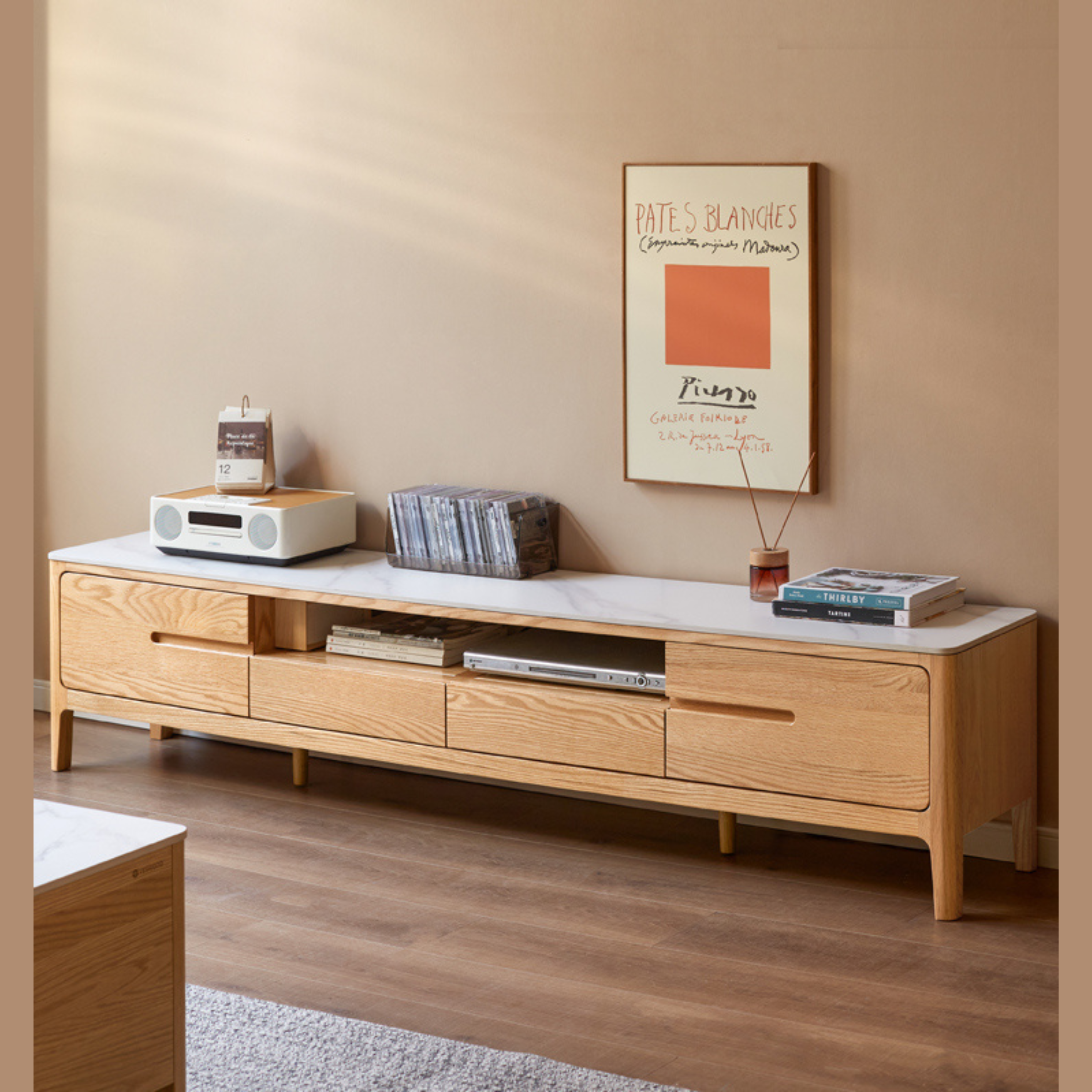 Solid Oak Wood TV Stand with Slate Top - Modern Entertainment Center for Living Room, Bedroom & Home Theater