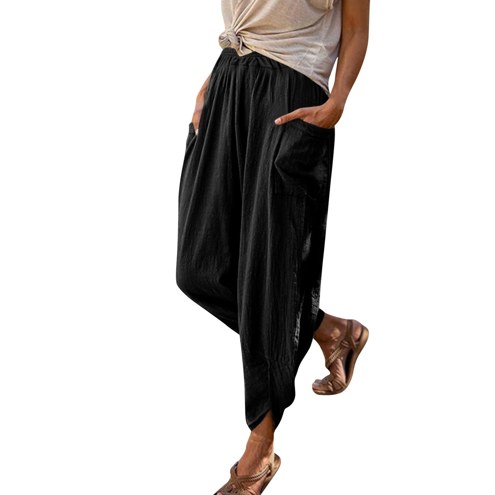 Women's Summer Linen Pants - Solid Color Lounge Pants with Pockets | Bootcut, Loose Capri & Tapered Leg Joggers | Perfect for Casual Wear, Yoga, Travel & Home Relaxation