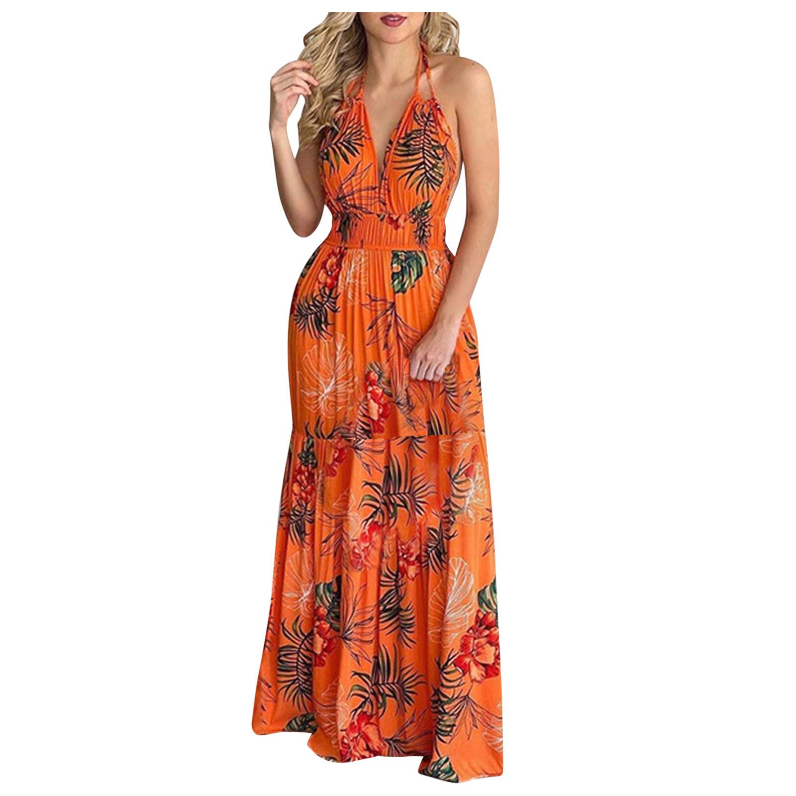 Vintage Floral Print Women's Sleeveless Halter Maxi Dress - Casual Loose Beach Dress for Summer Vacation, Pool Party & Boho Chic Outfits