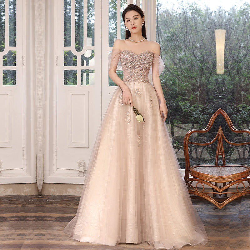 Elegant Off Shoulder Sequin Prom Dress - A-Line Tulle Formal Gown for Homecoming, Evening Party & Special Occasions | Style 667
