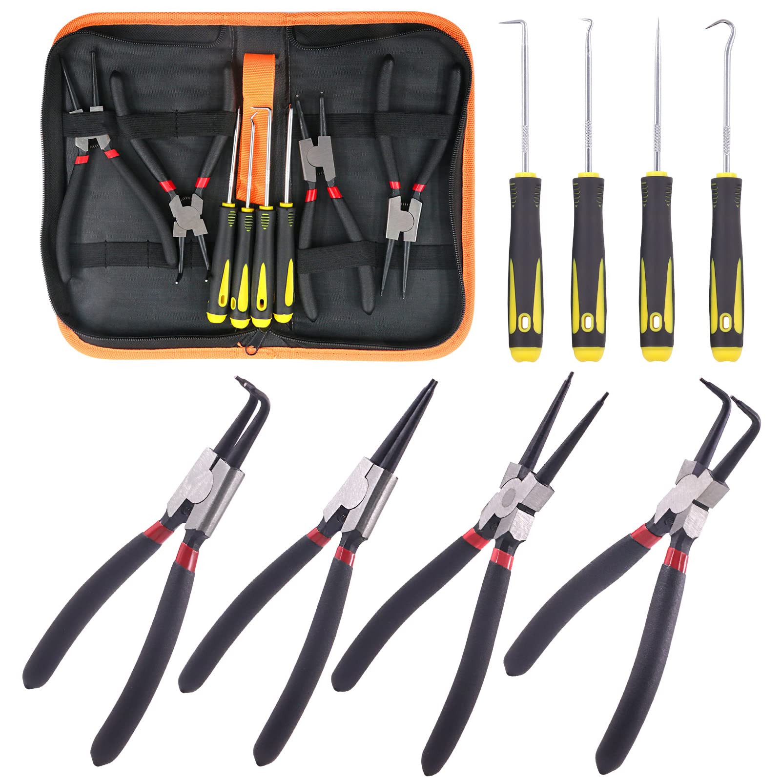 8Pcs Heavy Duty Snap Ring Pliers Set - 7 Inch Internal & External Circlip Pliers with Straight/Bent Jaws for Automotive, Machinery & DIY Repairs - Ideal for Retaining Ring Removal and Maintenance Tasks