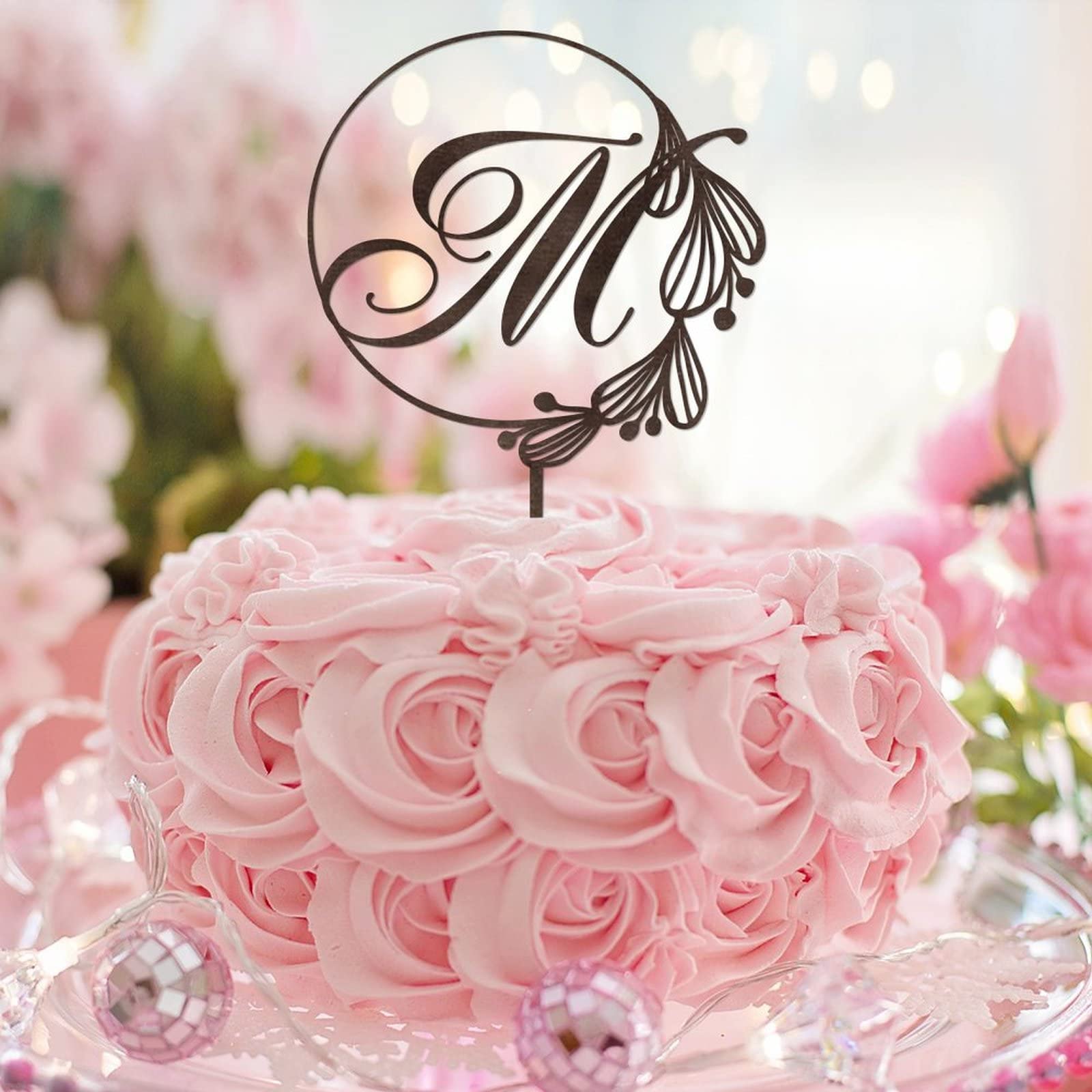 Personalized Initial M Cake Topper - Rustic Brown Wood Wreath Monogram Wedding Cake Decor (Design 06) - Perfect for Birthday, Anniversary, Bridal Shower & Rustic Wedding Cakes