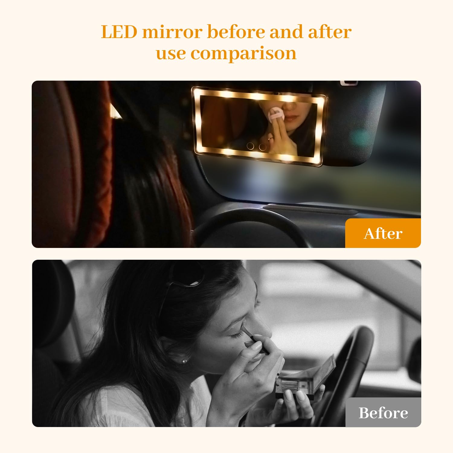 KEEBAPOO Rechargeable Car Visor Vanity Mirror with LED Lights - 3 Light Modes, Built-in Lithium Battery, Universal Fit for All Cars - Perfect for Makeup, Grooming & Night Driving (Includes 2 Car Coasters)