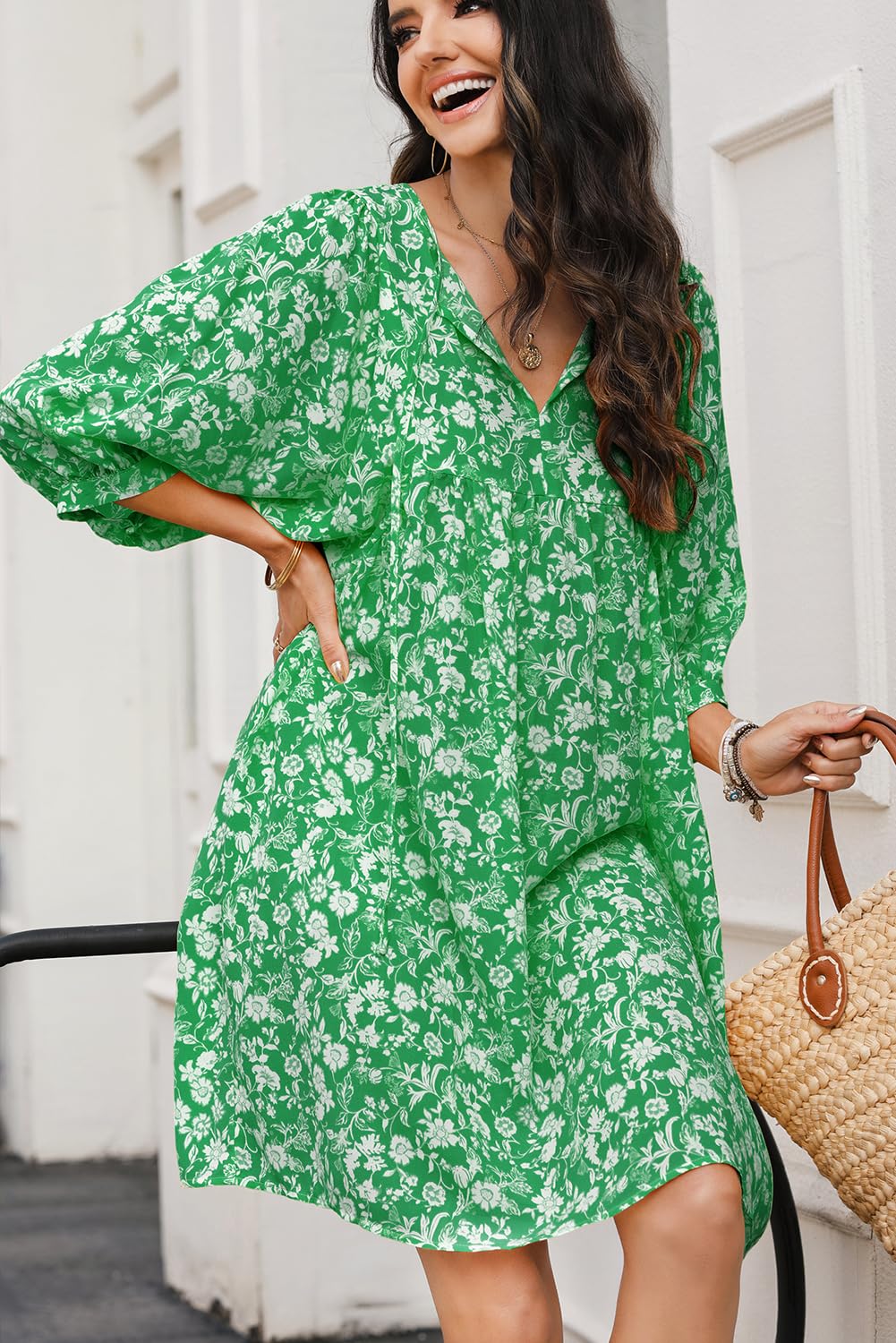 Dokotoo Women's Summer Dresses 2025 - Boho Floral Print Chiffon Mini Dress with V Neck & Lantern Sleeves | Beach Vacation Sundress, Casual Outing & Party Wear