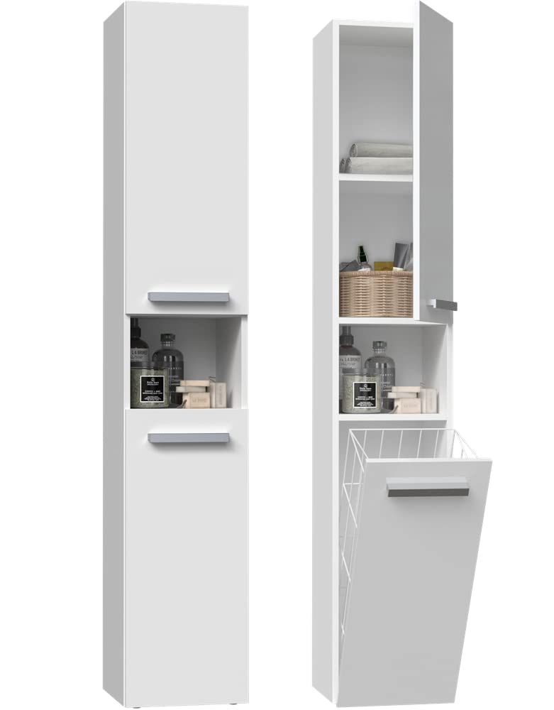ADGO High Bathroom Cabinet NEL III - Space-Saving Bathroom Storage Organizer with Laundry Basket & Column Bookcase - Modern Bathroom Furniture for Small Spaces - Perfect for Toiletries, Towels & Home Organization