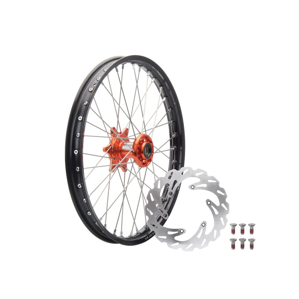 TUSK Impact Complete Front Wheel 21x1.60 Black Rim Silver Spoke Orange Hub for GASGAS MC 250F 2021-2025 | Dirt Bike Off-Road Racing & Trail Riding Replacement Wheel