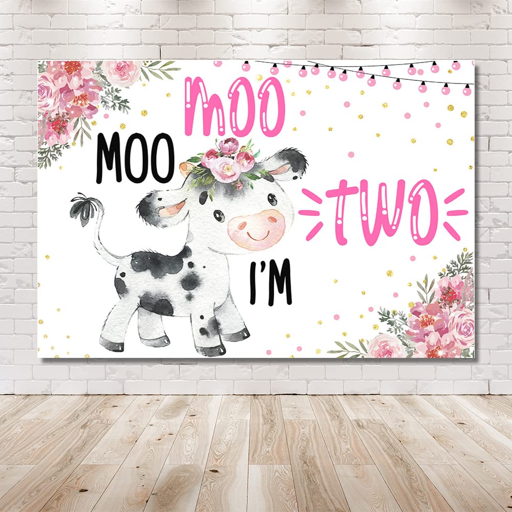 MEHOFOND 10x7ft Cow-Themed Baby Girl 2nd Birthday Backdrop - Pink Floral Confetti Party Banner for Cake Table, Wall Decor & Photo Booth Background | Perfect for 'Moo Moo I'm Two' Birthday Party Photography & Gift Pictures