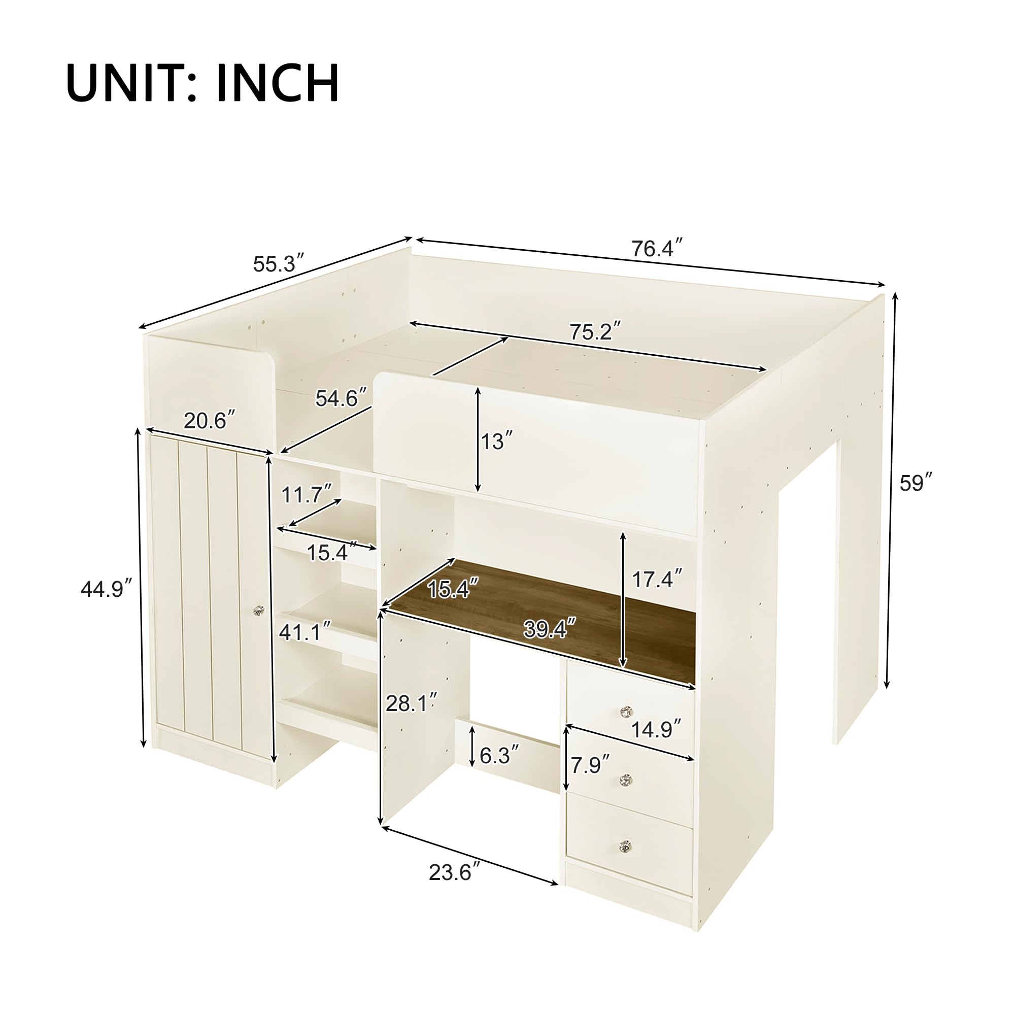 Full Size Loft Bed with Wardrobe & Desk - Sturdy Wooden Frame with Storage Stairs & Built-in 3-Drawer Cabinet - Space-Saving Solution for Kids, Teens & Adults - Perfect for Small Bedrooms, Dorms & Apartments (Beige)