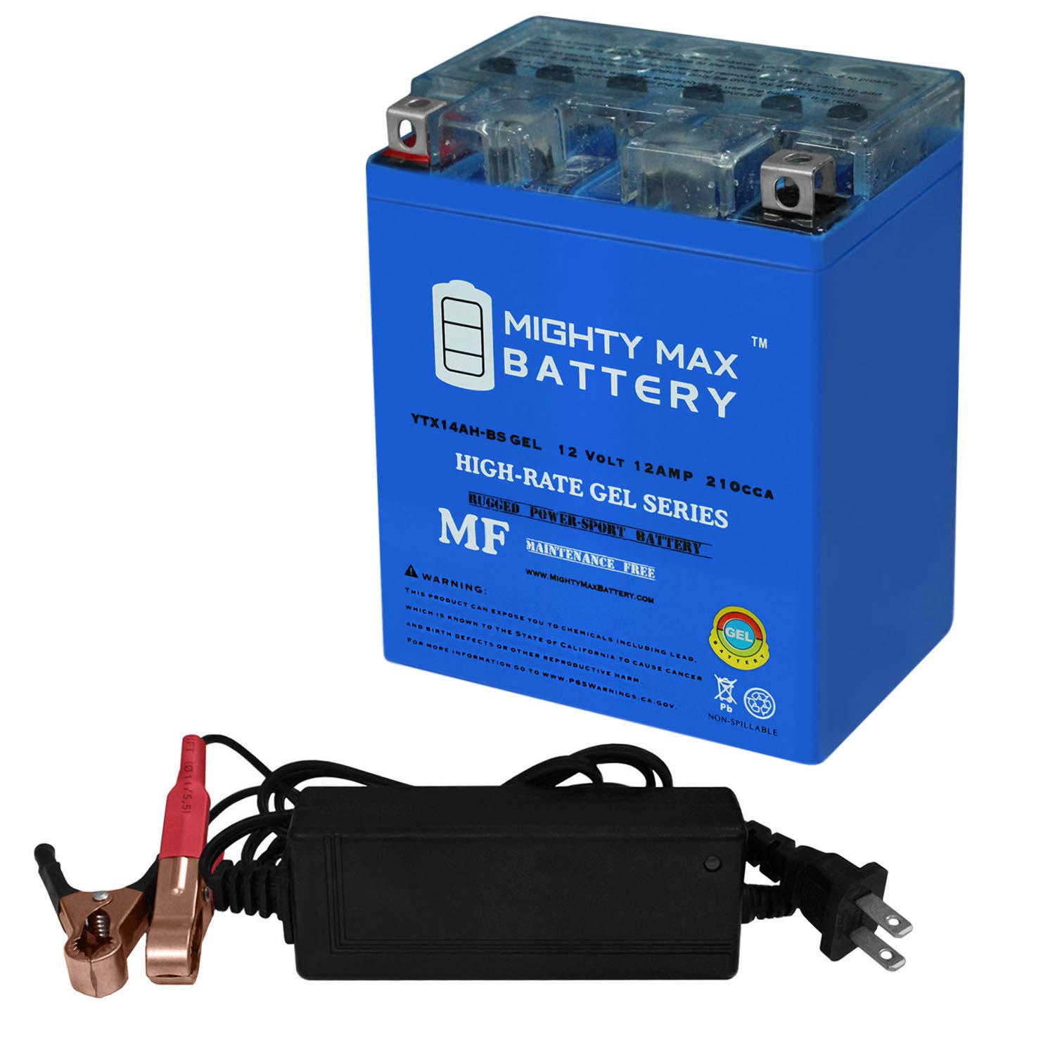 Mighty Max YTX14AH GEL Battery for Polaris 544 Trail Touring - 12V 14Ah Powersports Battery with 2A Smart Charger - Perfect for Snowmobiles, ATVs & Motorcycles in Cold Weather