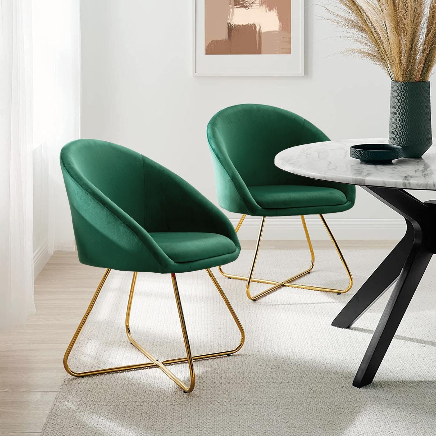 Mid-Century Modern Velvet Dining Chairs Set of 2 - Green Upholstered Accent Chairs with Golden Finish for Living Room, Bedroom, Home Office - Elegant Seating for Dinner Parties & Cozy Reading Nooks