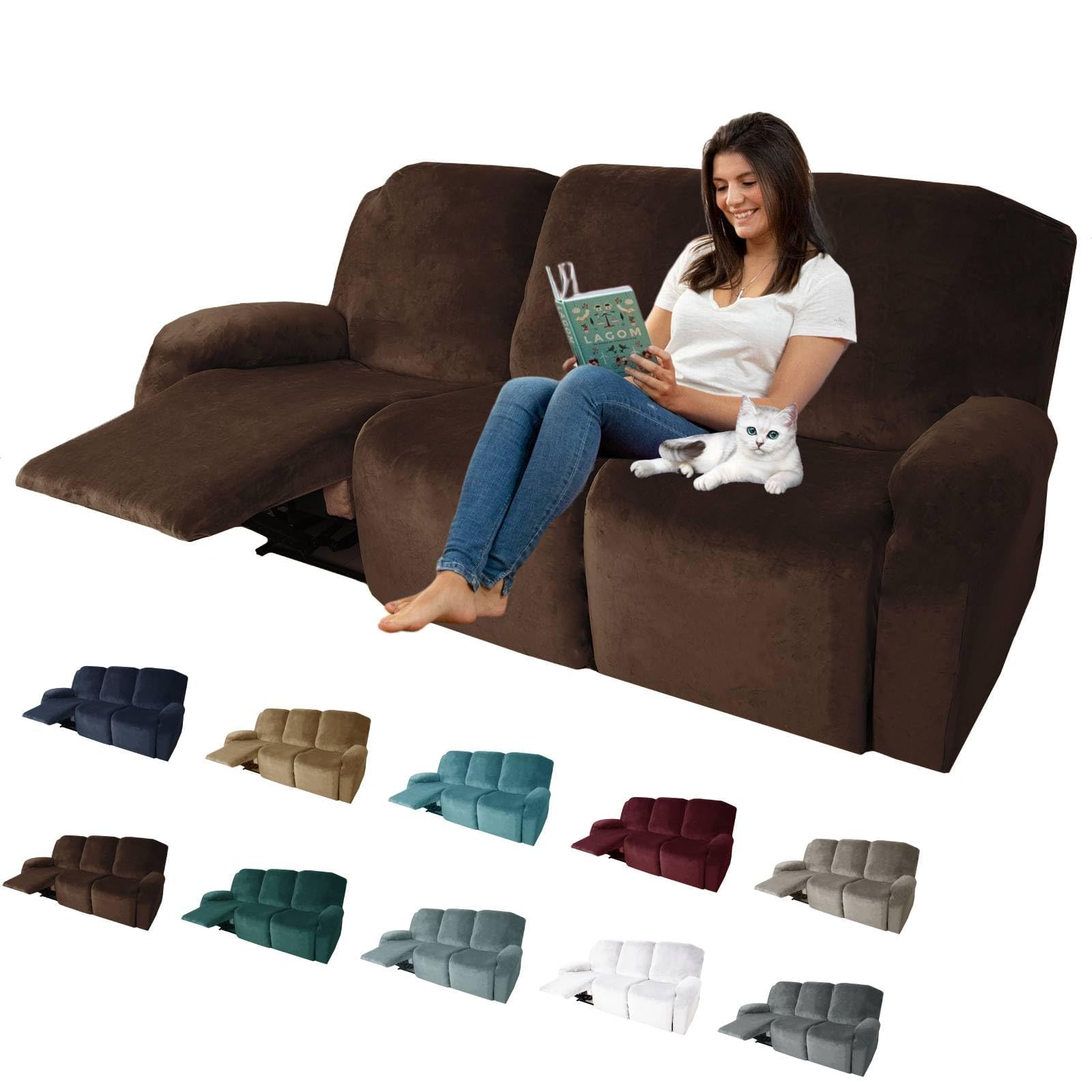 MAXIJIN 8-Piece Stretch Velvet Recliner Sofa Covers Set - Soft Washable Slipcovers for 3-Cushion Reclining Couches (Dark Coffee) - Perfect for Living Room, Home Theater & Family Room Furniture Protection