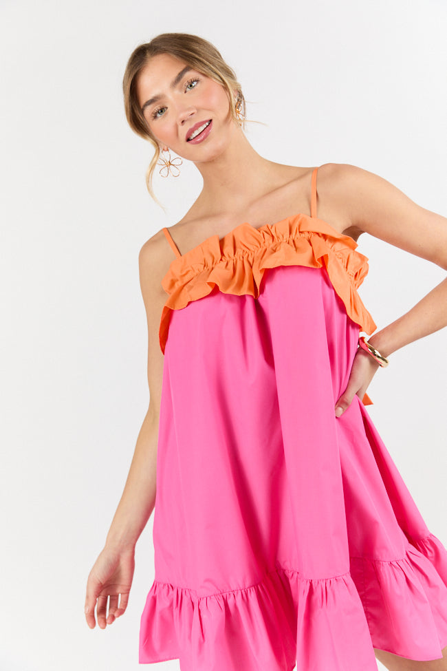 Pink and Orange Ruffle Detail Two Tone Mini Dress - Women's Party Cocktail Dress for Summer, Date Night & Special Occasions