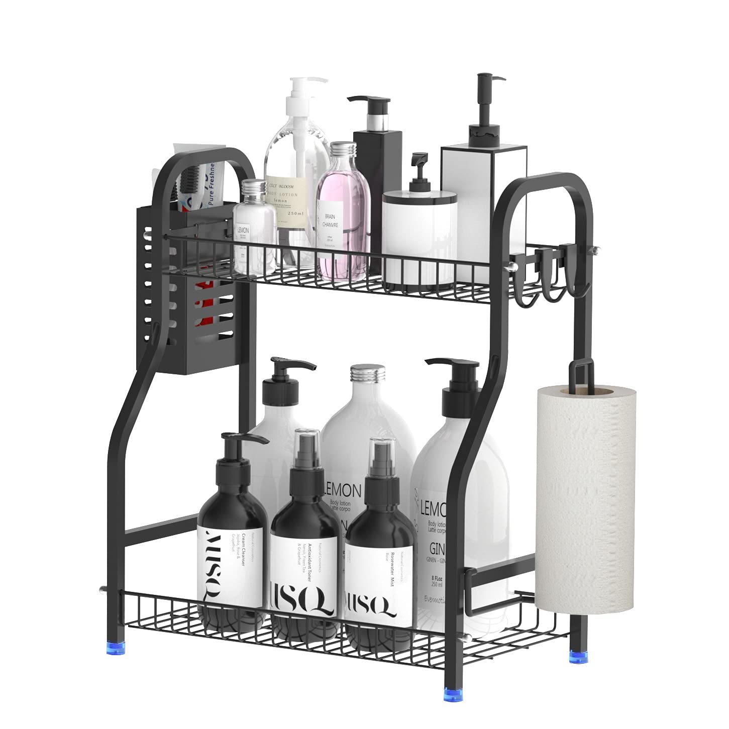 USHARP 2-Tier Bathroom Organizer Rack with Toiletries Basket & Paper Towel Holder - Countertop Vanity Storage for Bathroom & Kitchen - Rust-Resistant Black Metal Organizer - Perfect for Small Spaces, Makeup Storage & Spice Organization