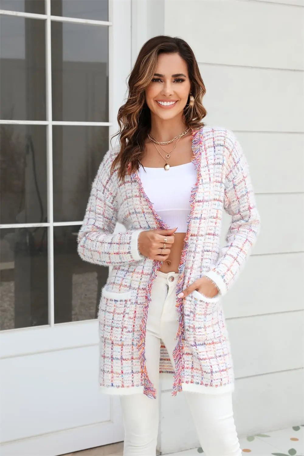 Stylish Plaid Fringe Trim Open Front Longline Cardigan for Women - Perfect for Fall Layering, Casual Outfits & Boho Fashion