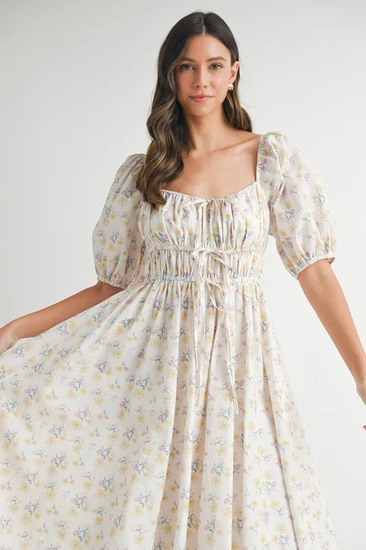 Floral Puff Sleeve Midi Summer Dress for Women - Boho Flowy Beach Dress with Ruffle Hem, Perfect for Vacation, Wedding Guest & Outdoor Parties