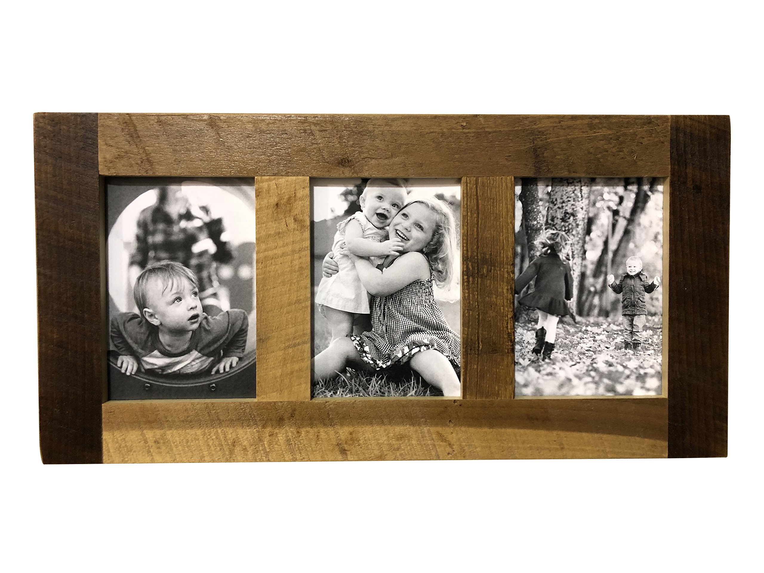 Rustic Reclaimed Barnwood Photo Frame - Multi Opening Wall Collage for 5x7 Pictures - Floating Display with 3 Openings - Perfect for Living Room, Bedroom & Office Decor