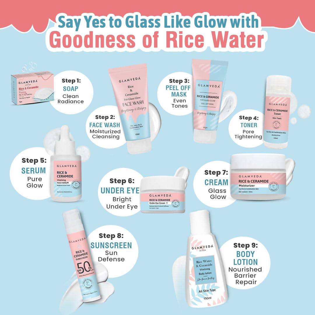 Glamveda Rice & Ceramide Face Wash & Facial Kit Set - Skin Brightening, Anti-Dullness Treatment for Radiant Complexion | Daily Skincare Routine for Glowing Skin